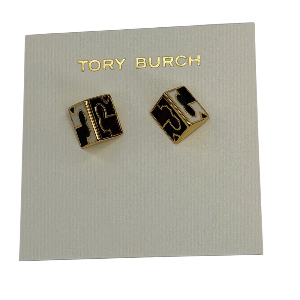 Tory Burch T-Logo Cube‎ Stud Earrings Gold Black White Enamel Geometric Chic